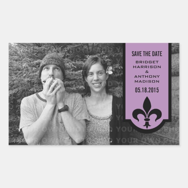 Violet Fleur De Lis Banner Save the Date Stickers (Front)