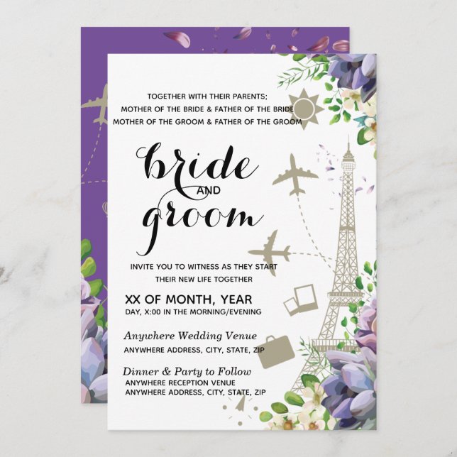 Violet Floral and Travel Themed Wedding Invitation (Front/Back)