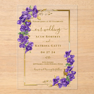 Violet Floral Gold Wedding Acrylic Invitation