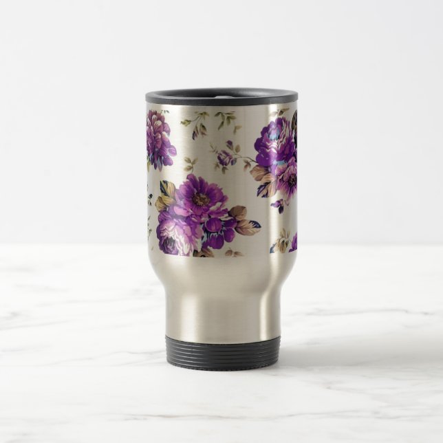 Violet Floral Pattern Travel Mug (Center)