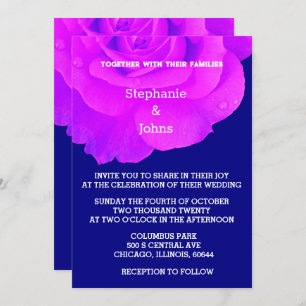 Violet Floral Purple Pink Rose Navy Blue Wedding Invitation