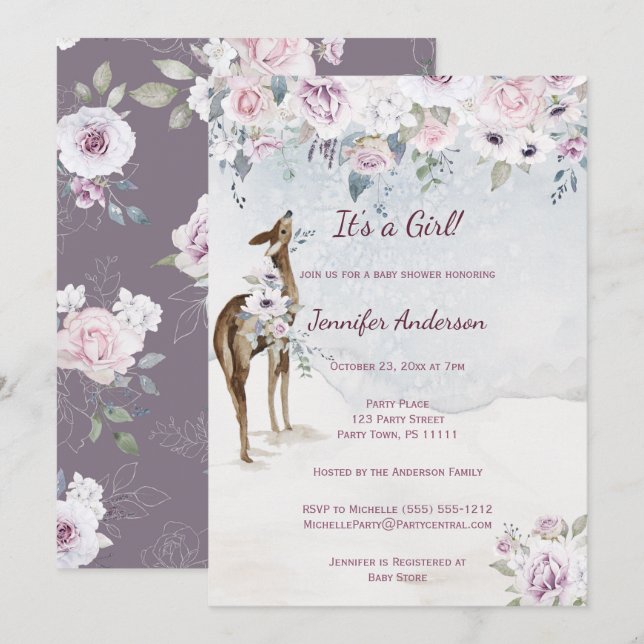 Violet Floral Rose Deer Girl Baby Shower Invitation (Front/Back)