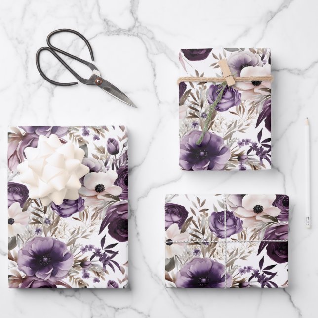 Violet Floral Wrapping Paper Sheet (Front)