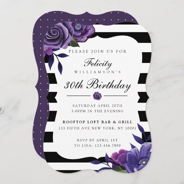Violet Florals & Black Stripes Birthday Invitation (Front/Back)