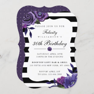 Violet Florals & Black Stripes Birthday Invitation