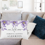 Violet florals white mr mrs names decorative cushion<br><div class="desc">White background,  black text. Decorated with violet,   lavender coloured flowers,  Mr and Mrs with a heart.  Personalise and add your names.</div>