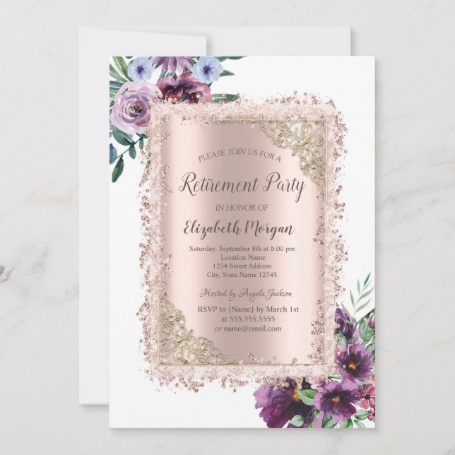 Violet Flower Glitter Frame,Rose Gold Retirement   Invitation (Front)