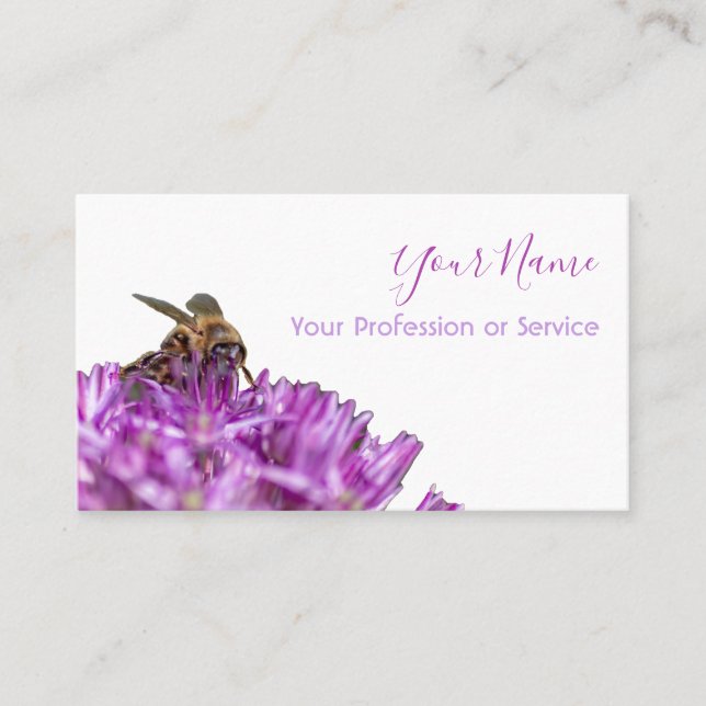 Violet flower with bee on white! business card (Front)
