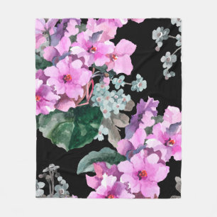 Violet flowers and forget me not watercolor on bla fleece blanket