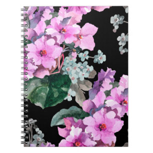 Violet flowers and forget me not watercolor on bla notebook