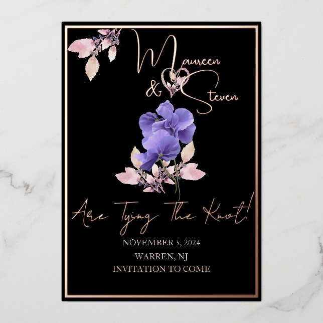 Violet Flowers Black Save The Date Foil Card (Front)