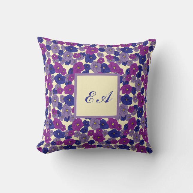 Violet flowers blue purple repeat pattern monogram cushion (Front)