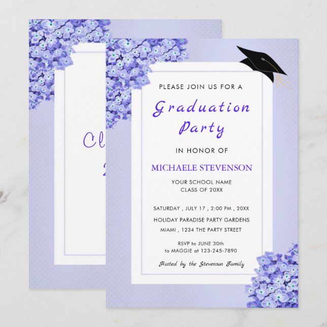 Violet Flowers Frame Graduation Party Invitation (Front/Back)