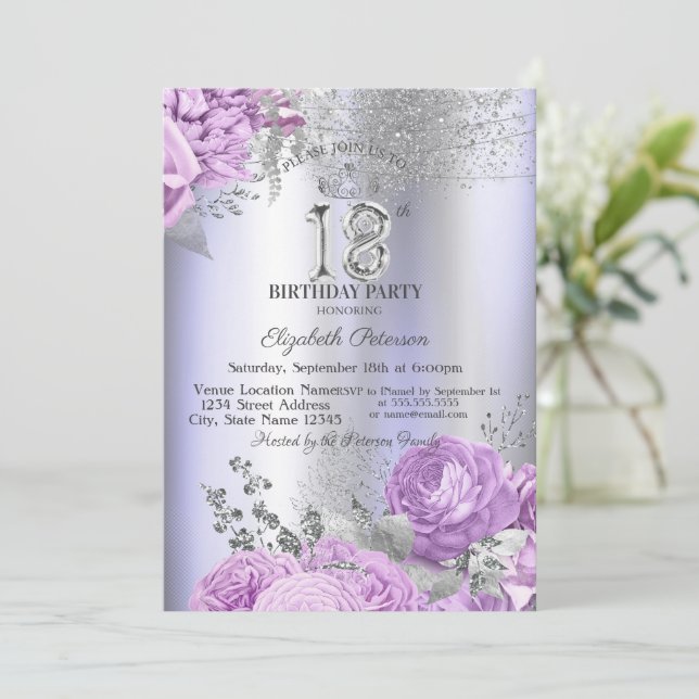 Violet Flowers Glitter Lilac 18th Birthday   Invitation (Standing Front)