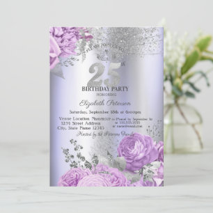 Violet Flowers Glitter Lilac 25th Birthday Invitation