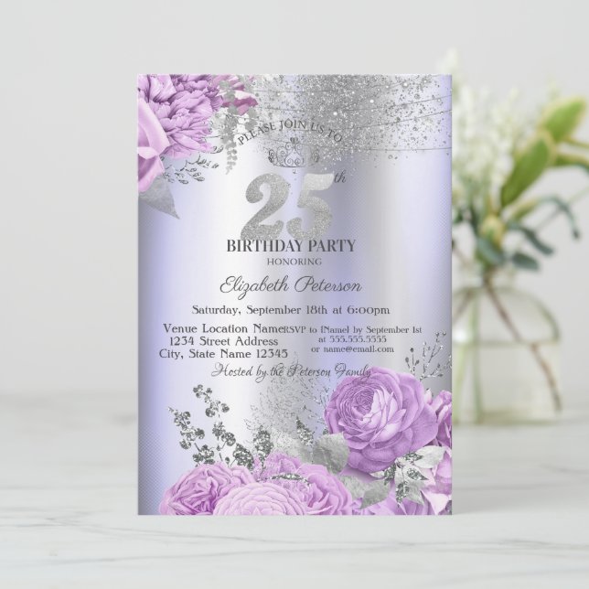 Violet Flowers Glitter Lilac 25th Birthday   Invitation (Standing Front)