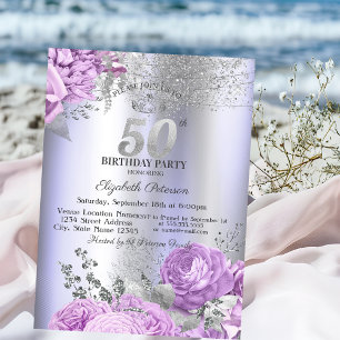 Violet Flowers Glitter Lilac 50th Birthday   Invitation