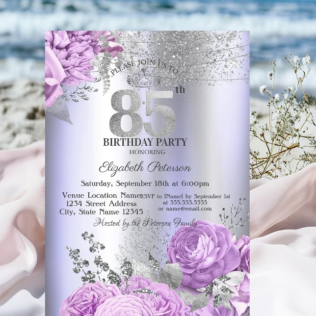 Violet Flowers Glitter Lilac 85th Birthday   Invitation (Creator Uploaded)