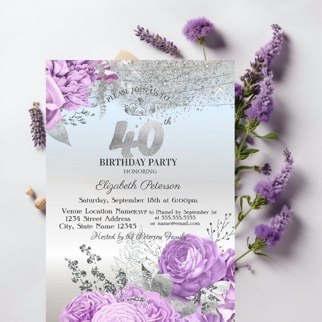Violet Flowers Glitter Silver 40th Birthday   Invitation (Creator Uploaded)