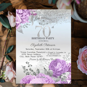 Violet Flowers Glitter Silver 70th Birthday Invitation