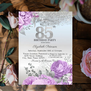 Violet Flowers Glitter Silver 85th Birthday Invitation