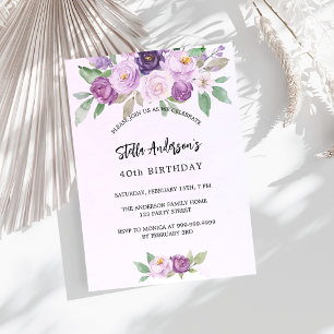 Violet flowers greenery birthday  invitation