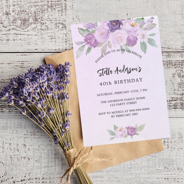 Violet flowers greenery luxury birthday  invitation (Creator Uploaded)