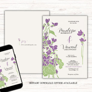 Violet Flowers Letterpress Style Wedding Invitation