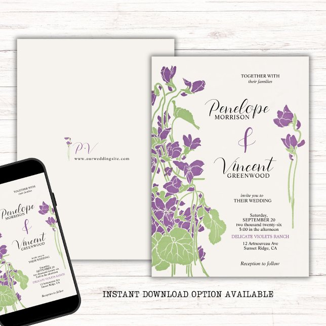Violet Flowers Letterpress Style Wedding Invitation (Creator Uploaded)