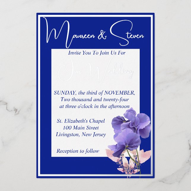 Violet Flowers on Royal Blue & White Wedding (Front)