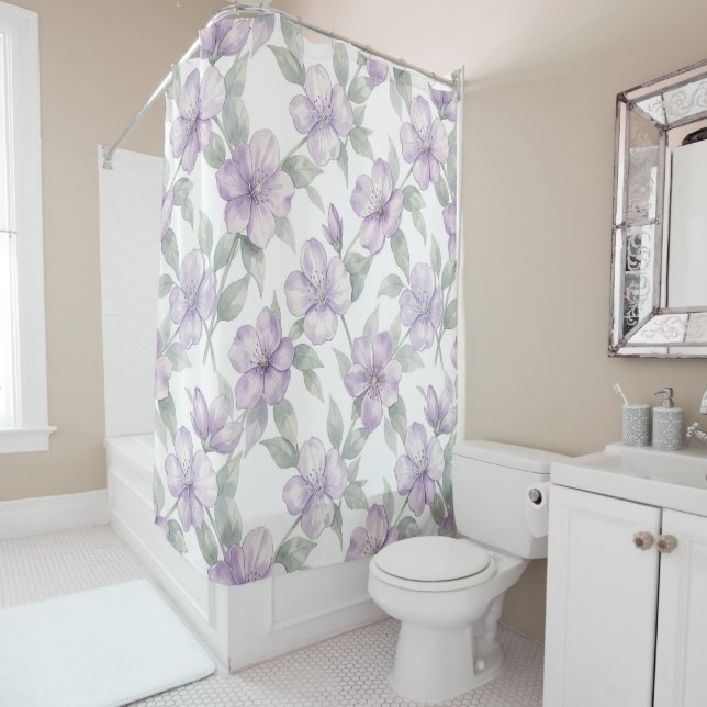 Violet flowers on white pattern shower curtain (In Situ)