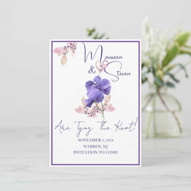 Violet Flowers Save The Date Wedding Card (Standing Front)