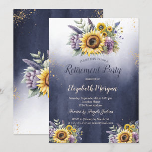 Violet Flowers Sunflowers Ombre Blue Retirement  Invitation