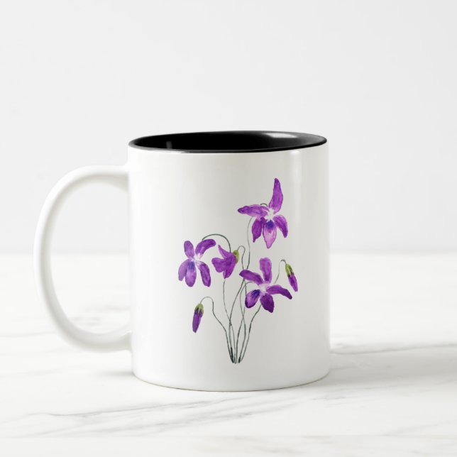 violet flowers watercolor Two-Tone coffee mug (Left)