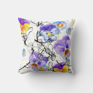 Violet Flowers Watercolor Vintage Pattern Cushion