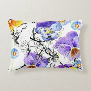 Violet Flowers Watercolor Vintage Pattern Decorative Cushion
