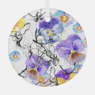 Violet Flowers Watercolor Vintage Pattern Glass Tree Decoration