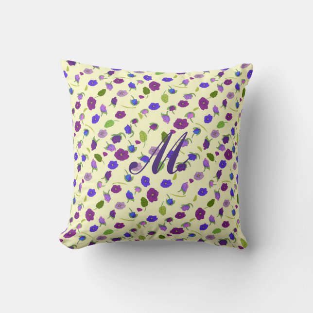 violet flowers with monogram pattern Throw Pillow (Front)
