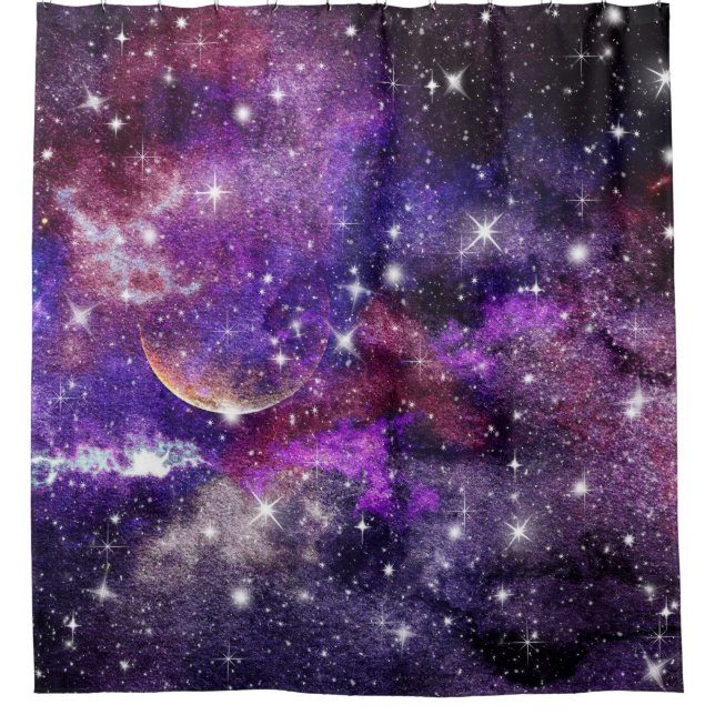 Violet Galaxy Milky Way With Planet Shower Curtain (Front)