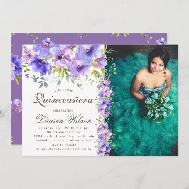 violet garden floral Quinceanera Photo Invitation (Front/Back)