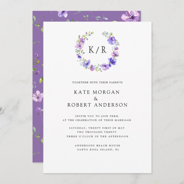 violet garden watercolor double monogram invitation (Front/Back)