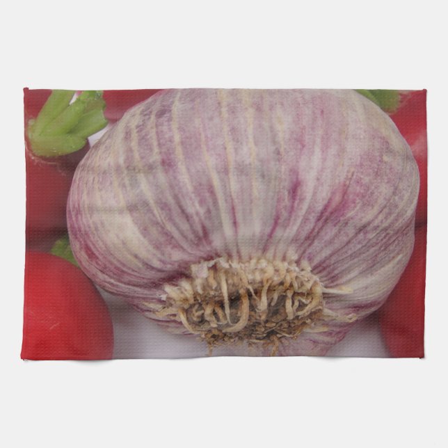 Violet garlic with radish tea towel (Horizontal)