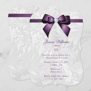 Violet Gem Bow, Ribbon & Damask Birthday Party Invitation