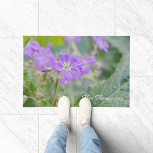 Violet Geranium Wildflower Photo With Family Name Doormat