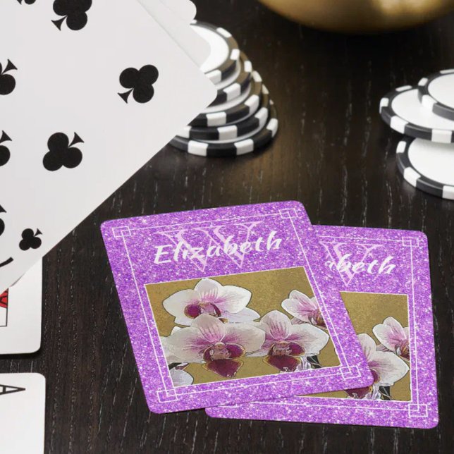 Violet Girly Glitter Initial Monogram Custom Photo Playing Cards (Personalized initial letter monogram playing cards with purple and white orchid photo)