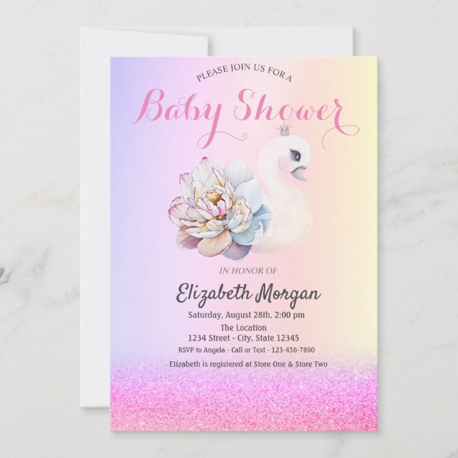 Violet Glitter Bokeh,Swan Flower Baby Shower   Invitation (Front)