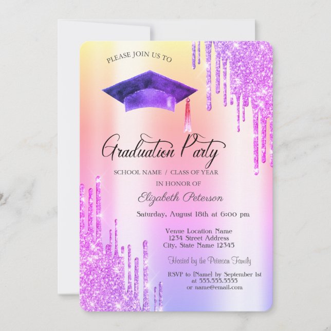 Violet Glitter Drips,Grad Cap Graduation  Invitation (Front)