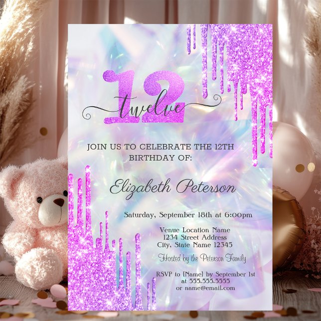 Violet Glitter Drips Holographic 12th Birthday  Invitation (Creator Uploaded)