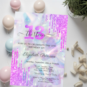 Violet Glitter Drips Holographic 13th Birthday Invitation