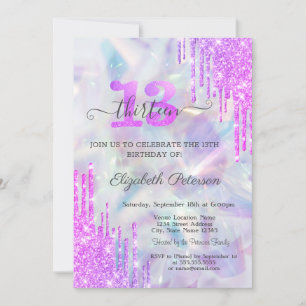 Violet Glitter Drips Holographic 13th Birthday  Invitation